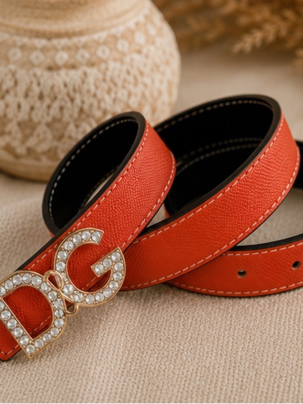 Orange Rhinestone DG Inspired Reversible Skinny Belt Gold Buckle